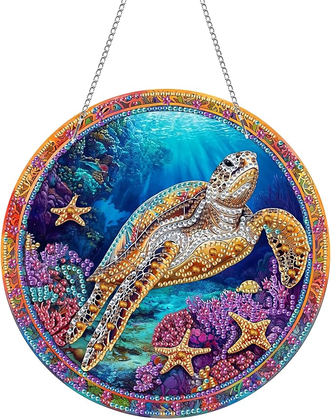 Kaliosy Sun Catcher Turtle Window Hanging - Outdoor Porch Decor, Marine Life-Themed Diamond Art Ornament, Acrylic Board Diamond Painting for Wall Home Garden, Front Door Sign, Indoor Decor 8x8 inch