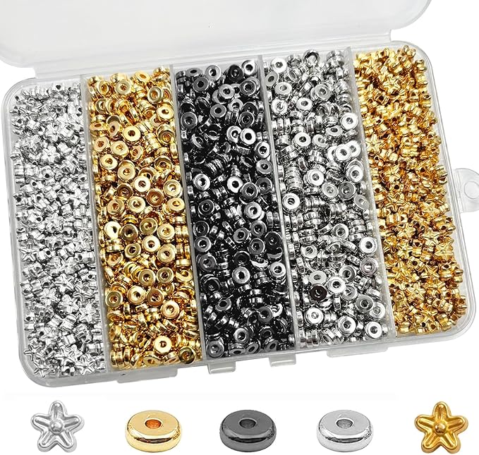 6mm Flat Round Spacer Beads, 1560pcs (360flower), Gold, Silver, Black, Flower-shaped, Plastic (Copper Coated), Round, Loose Beads