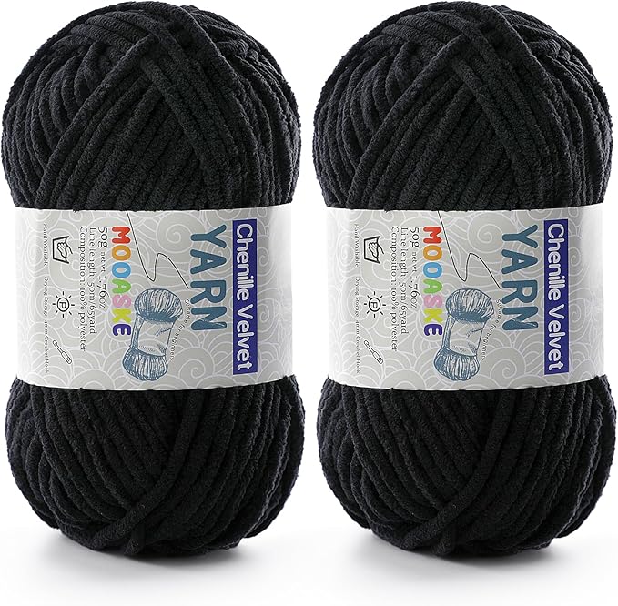 2 Pac Chenille Yarn for Crocheting - Blanket Yarn for Crocheting - Fluffy Yarn for Crochet, Baby Yarn for Crocheting Soft Blankets Weight Per Roll 50g/1.76oz, Length 60m/65yard (Black)