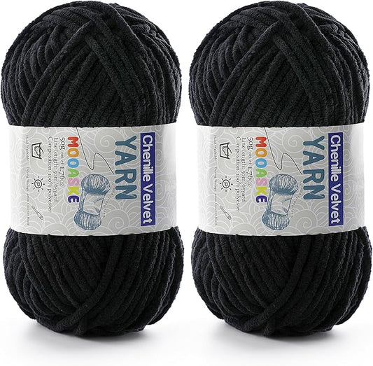 2 Pac Chenille Yarn for Crocheting - Blanket Yarn for Crocheting - Fluffy Yarn for Crochet, Baby Yarn for Crocheting Soft Blankets Weight Per Roll 50g/1.76oz, Length 60m/65yard (Black)