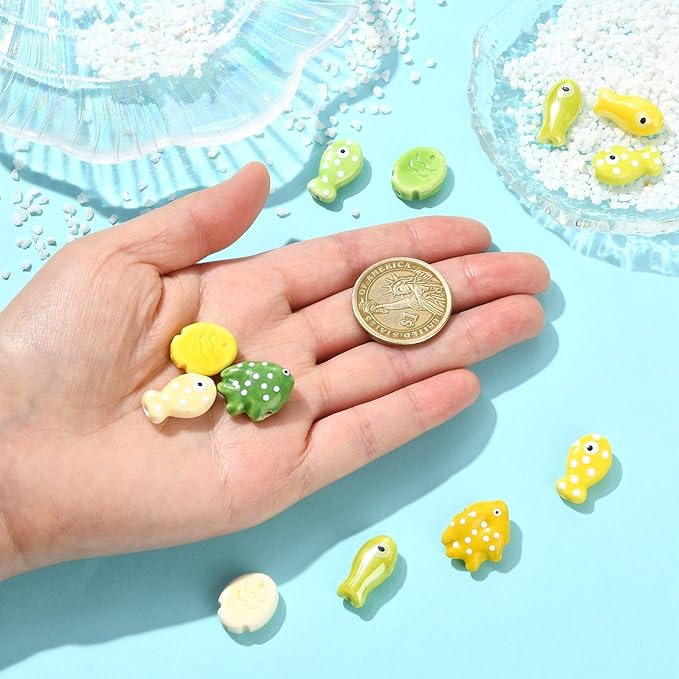 12Pcs Fish Ceramic Porcelain Beads for Jewelry Making 11 Styles Yellow Ocean Sea Beach Animal Spacer Beads for DIY Necklaces Earrings Bracelets Keychains Jewelry Findings Accessories