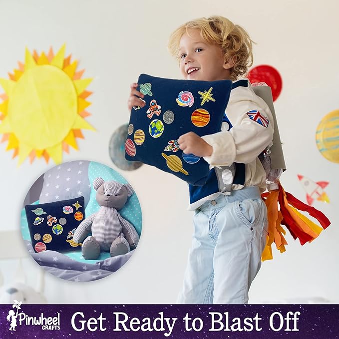pinwheel crafts beginner sewing kit for kids 8-12 with telescope - astronomy solar system easy sew space pillow kit with planet patches - make your own plush craft