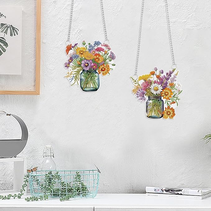 2 Pcs 5D DIY Diamond Painting Hanging Ornaments, Floral Bouquet Jar Design, Special Shaped Acrylic Diamond Art Suncatchers for Window or Wall Decor