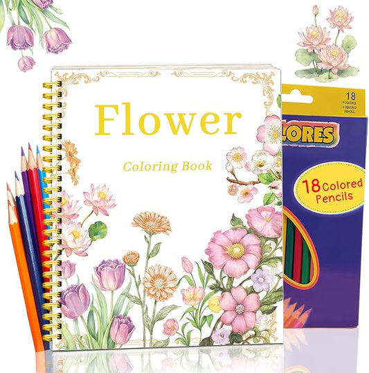 Beautiful Adult Coloring Book Set with 18-Color Pencil Set - Coloring Books for Adults Relaxation Adult Coloring Book for Women Gifts.Elegant Art Style with 35 Patterns.