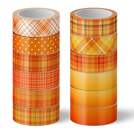 Whaline 12 Rolls Fall Plaid Washi Tapes Orange Red Buffalo Plaid Decorative Tape Autumn Solid Color Polka Dots Patterned Masking Tape for Fall Scrapbook Journal DIY Craft Gift Wrapping, 0.6Inch