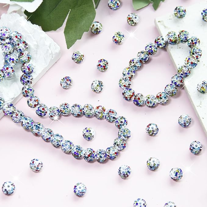 100 Pcs 10mm Rhinestone Beads for Jewelry Making, White Color Shiny Round Shamballa Disco Baseball Necklace Beads Sparkle Crystal Clay Pave Rhinestones Bead for DIY Bracelet Earring Making Supplies