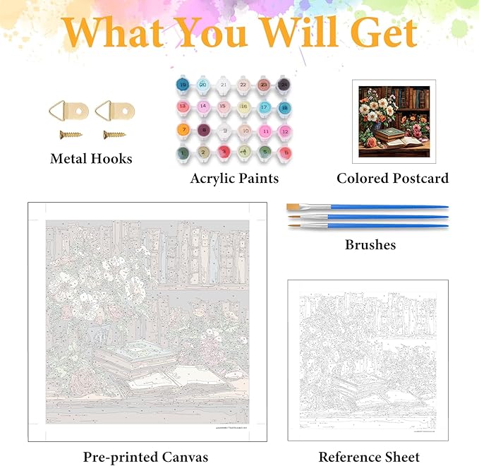 Paint by Numbers Kit for Adults Beginner Book, Adult Paint by Number Kits on Canvas, Bookshelf DIY Acrylic Oil Painting by Numbers for Adults, Flower for Home Wall Decor 16X16 Inch