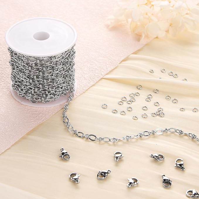 Jabogrii 4 Meters Silver Stainless Steel Jewelry Making Chains Roll Embossed Oval Cable Chain Bulk for Jewelry Making with Lobster Clasps and Open Jump Rings