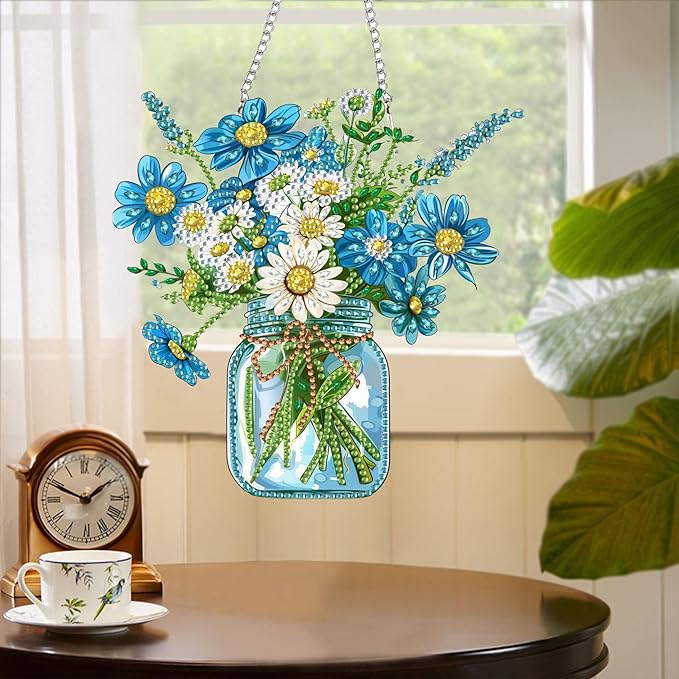 Yomiie Bouquet Vase Sun Catcher Window Hanging - DIY Double Sided Flowers Diamond Painting Pendant Kit, Acrylic Diamonds Art Ornament for Front Door Sign & Indoor/Outdoor Garden Decor(8x8 inch)
