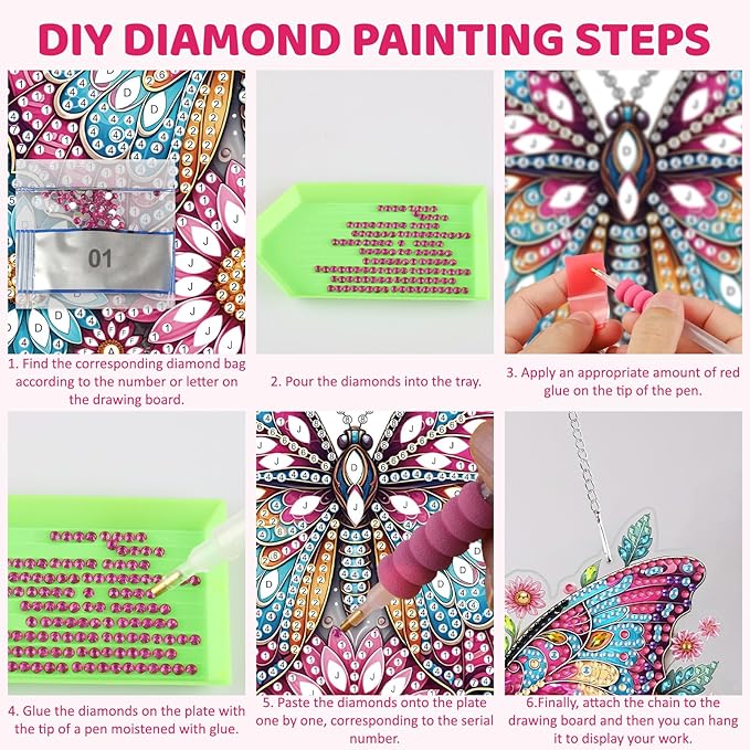 MEIYUDA Butterfly Hanging Diamond Art Kits for Adult, Flowers Butterfly Diamond Painting Hanging Kits Ornaments, DIY Special Shaped Rhinestone Window Pendants kit for Home Garden Wall Decor Gift