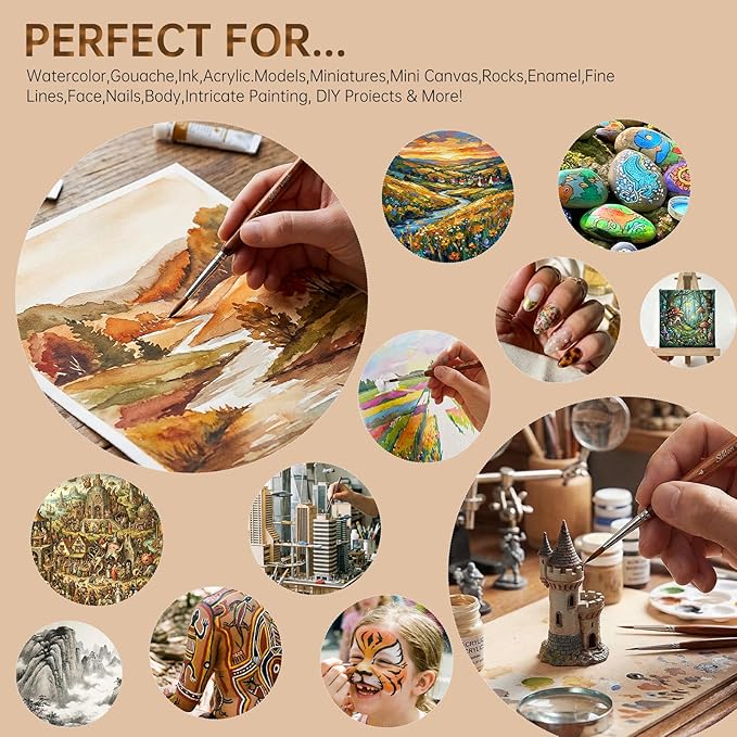 Golden Maple Artist Paint Brushes, 10PC Synthetic Sable Brush Set Miniature Fine Detail Paint Brush, Round Point Paint Brush Set for Miniatures, Acrylic & Figures, Model, Watercolor Details