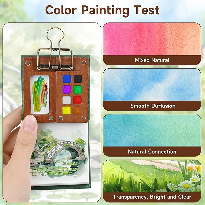 Mini Portable Watercolor Palette Set–Complete Travel Watercolor Set with 12 Watercolor Paints, Wooden Grid Paint Box, Mini Sketch Book, Masking Tape, 6 Brush Pens & Binder Clips