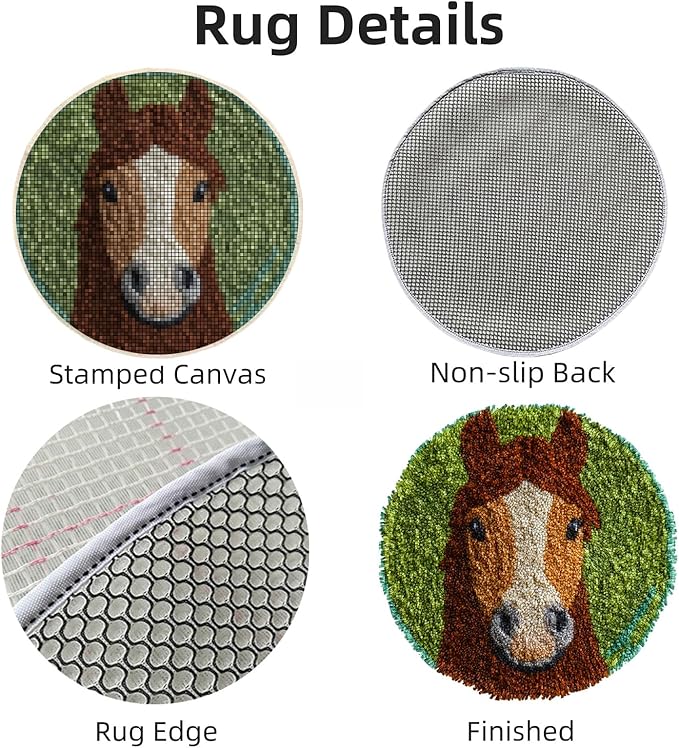 Latch Hook Rug Kit Cute Brown Horse with Green Color Easy for Beginners Round Shape Carpet Crochet Yarn Craft Mini Rug DIY Hook and Latch Little Tapestry for Home Decor 30x30cm-2