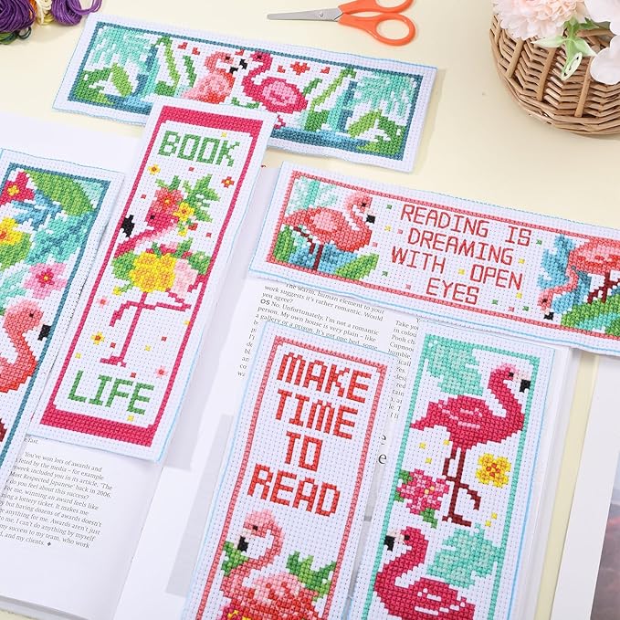 ORIGACH 6 Pcs Cross Stitch Bookmark Kit for Beginner Flamingo Bird Pattern Stamped Embroidery Stitch Kits for Starter DIY Bookmarks Printed Cross Stitch Kits for Book Lovers