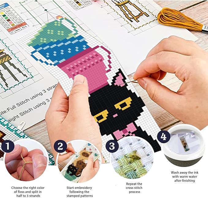 ORIGACH 6 Pcs Cross Stitch Bookmark Kit for Beginner with Backing Felt Floss Instruction Cat Teacup DIY Stamped Embroidery Bookmark Kit for Starter Adults Book Lovers