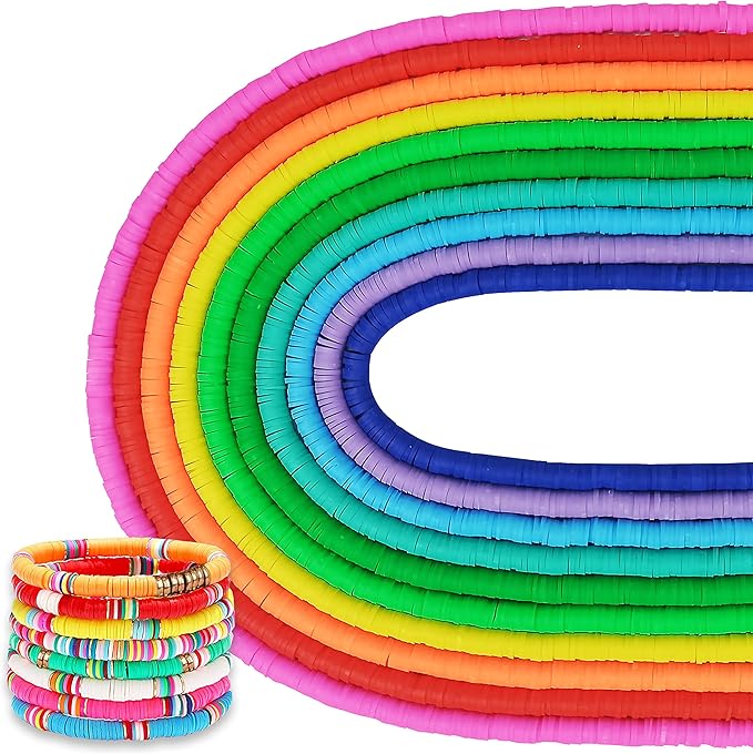 MIIIM 3600 PCS 10 Strands Clay Beads Polymer Clay Beads for Jewelry Making, Vinyl Heishi Beads 6mm for Surfer Bracelets Necklace Making (Rainbow)