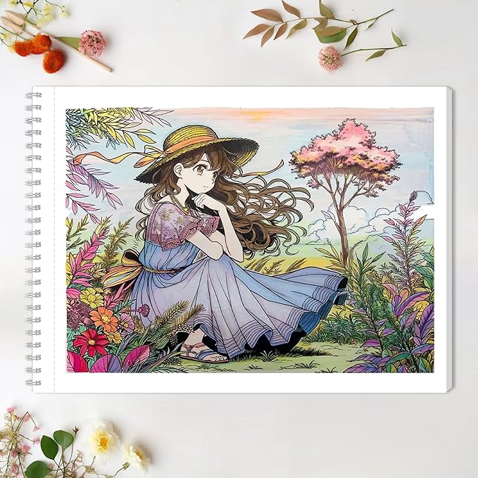 VKYE Coloring Book - Anime Girls Character Adult Coloring Book for Woman & Adults, Markers Recommended, Thick Paper, Intricated Pattern & Details, Spiral Bound, Imagination, Anxiety and Depression