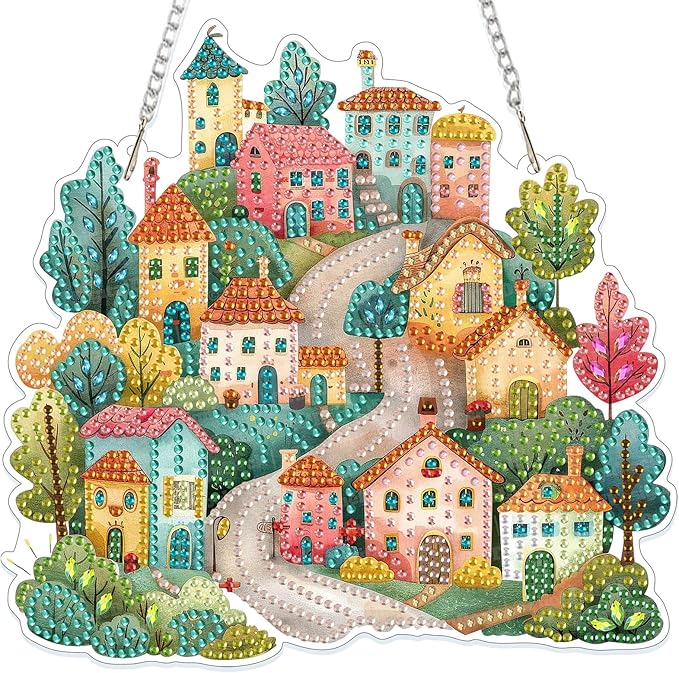 GHHKUD Hanging Diamond Art House Pendants Kits, DIY Hanging Decoration Double Sided Landscape Diamond Pinting Ornaments for Adults Kids Gifts for Home Decor
