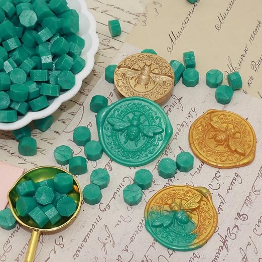 250pcs Wax Seal Beads Turquoise, Andotopee Premium Green Sealing Wax Beads for Stamp Seals, Octagon Seal Stamp Pellets Refill Pack for Wedding Invitation, Letter Envelope, Scrapbook DIY Crafts
