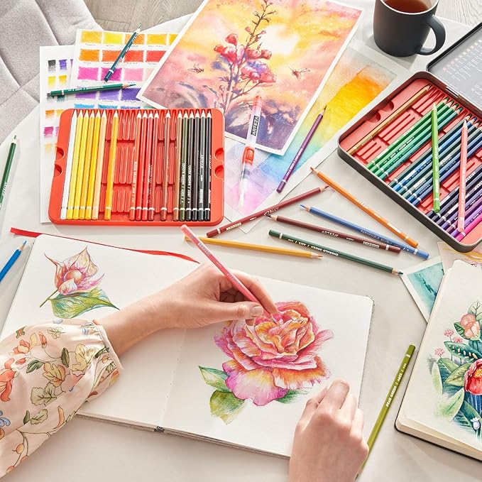 ARTEZA Watercolor Pencils Set of 48 Water-Soluble Colored Pencils for Blending, Layering, Painting, Lightfast Pigments with Soft Cores in Tin Case, Art Supplies for Adults, Artists, Holiday Gift Set