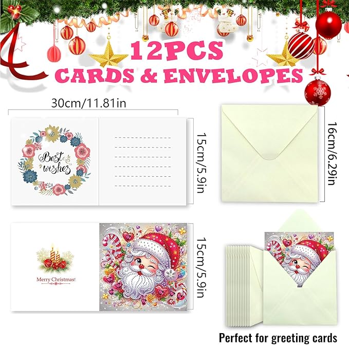 YOKUSHI 12 PCS Diamond Art Painting Christmas Greeting Cards with Envelopes, Snowman Craft DIY Card Making Kits for Adults Gifts (White)