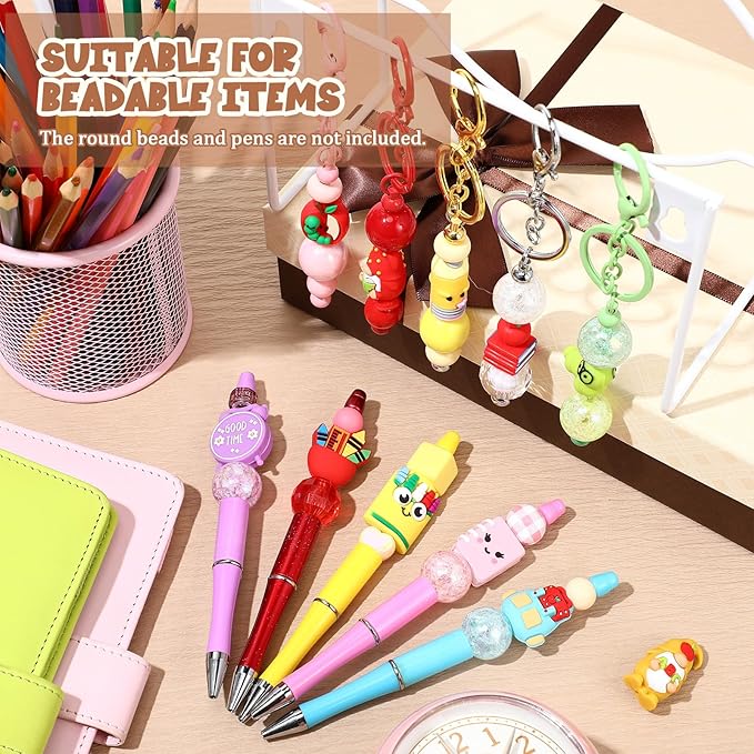 12 Pcs Back to School 3D Silicone Focal Beads for Pens Teacher Character Beads Bulk Funny Apple Pens Pencil for Keychain DIY Crafts Necklace Bracelet Lanyards Making Kit Supplies