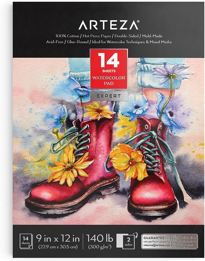 ARTEZA Watercolor Paper, 14 Sheets, 9x12 Inches Water Pad, 140lb/300gsm, 100% Cotton, Double-Sided, Hot Press, Acid Free Art Paper