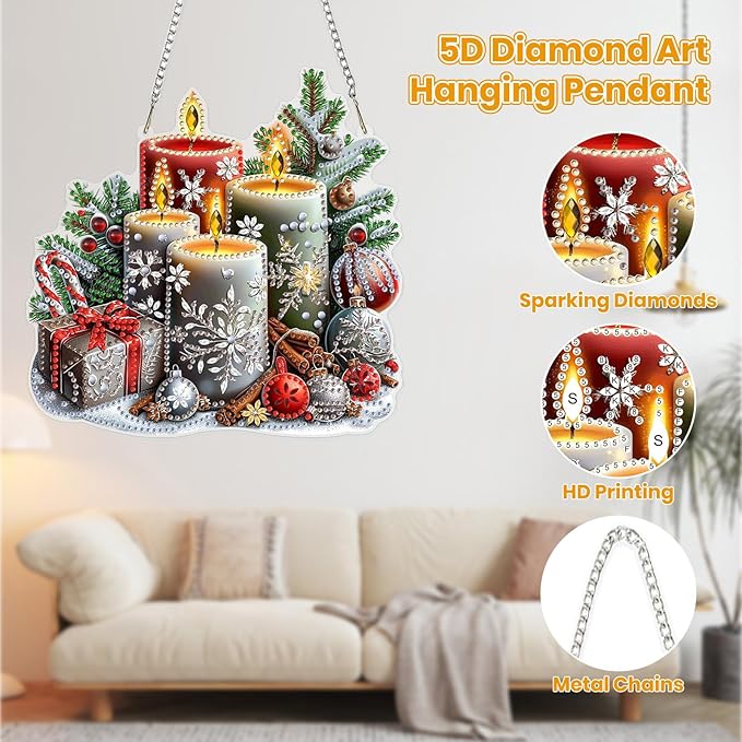MOGTAA Christmas Diamond Art Hanging Kits for Adults Kids, Christmas Candle Diamond Art Suncatchers, 5D Special Shape Diamond Painting Window Pendant Kit for Home Garden Wall Decor