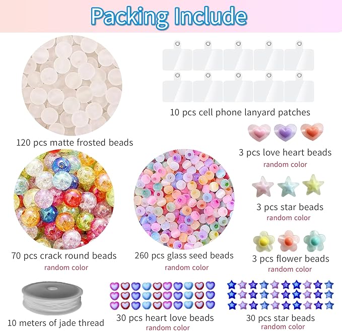 SHUANGART 531 Pcs Phone Chain Beaded Making Kit, Cell Phone Charms Lanyard Wrist Strap Set with Matte Frosted Beads Burst Round Beads Glass Seed Beads Phone Tether Tab for Women DIY Bracelet Keychain