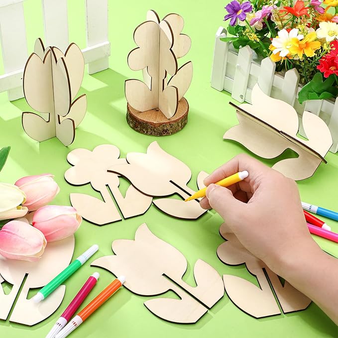 Blosssound 48 Pcs Spring Crafts Set 36 Pcs 3D Wooden Flower Cutouts Unfinished Tulip Slices Wood Daisy to Paint with 12 Colored Pens for Mother's Day Summer Easter Floral Handmade Crafts DIY Projects