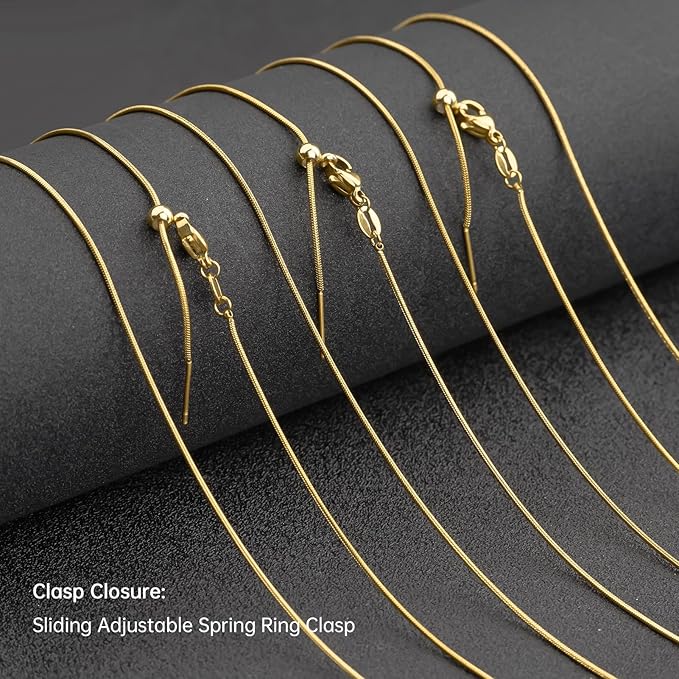 GTVOODX 10Pcs 18k Gold Plated Snake Chain Necklace Stainless Steel 1mm Threader Adjustable Necklace Bulk with Rubber Stoppers for Jewelry Making 20 Inches