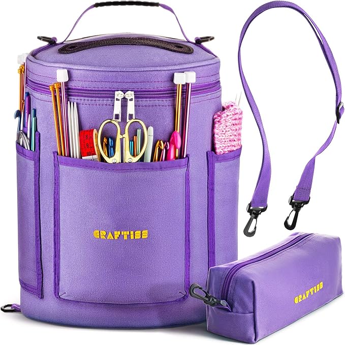 CRAFTISS Knitting Bag Yarn Storage - Gift for Crocheters - Durable Canvas Yarn Holder for Crochet Accessories - Organizer Crochet Bag with Knitting Accessories Case (Purple)