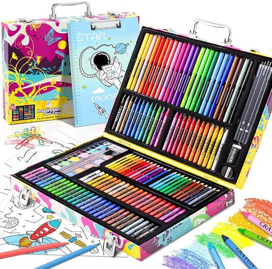 Art Supplies, 180 Pack Drawing Painting Set for Kids Girls Boys Teens, Coloring Art Kit Gift Case with Clipboard, Coloring Papers, Oil Pastels, Crayons, Colored Pencils, Watercolor Cakes, Markers