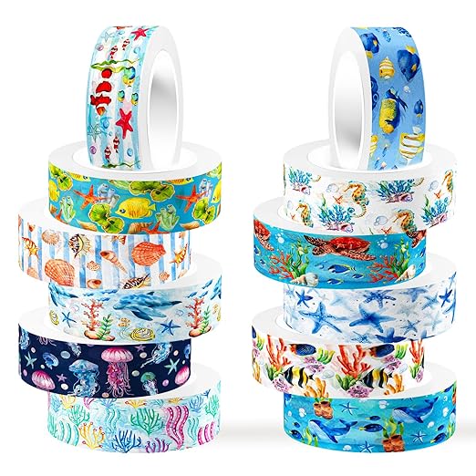 12 Rolls Blue Ocean Washi Tape, Underwater World Masking Tapes, Sea Animal Cartoon Decorative Tape for Arts, DIY Crafts, Journals Planners Scrapbook Gift Wrapping 16.4FT