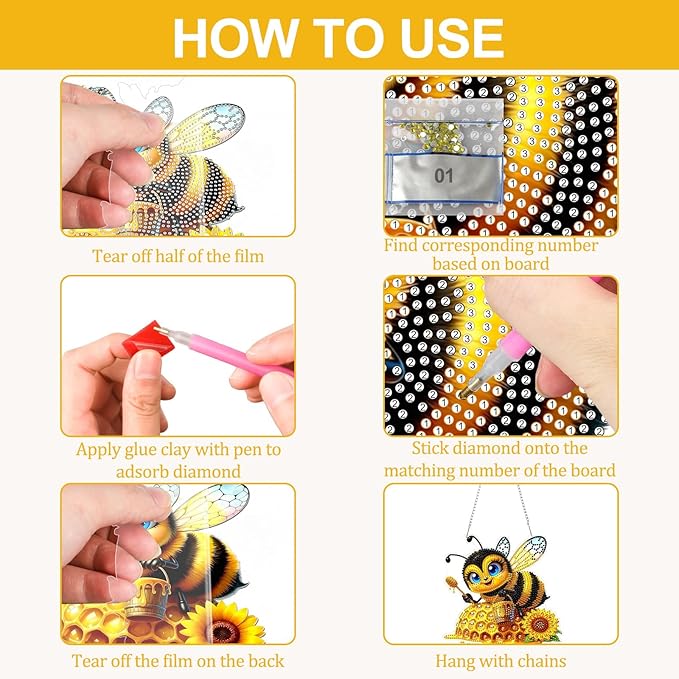 CEOVR Bee Hanging Diamond Art for Adults, Bee Honey Diamond Painting Pendant DIY Gem Art Wall Hanging Ornament, Acrylic Home Garden Decor with Chain, Box Kit 7.77×7.3inch