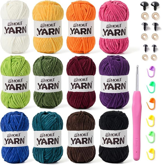 12 Pack Velvet Yarn for Knitting, Chunky Chenille Yarn for Crocheting, Baby Yarn for Crocheting Soft Blanket, Super Bulky 42.3oz(1049yds), Multicolor Amigurumi Yarns Set A