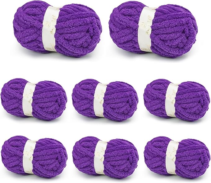Chunky Yarn for Hand Knitting, Chunky Chenille Blanket Yarn for Crocheting, Bulky Soft Fluffy Chenille for Blanket Project, 8 Pack of 8oz/25yds, Purple