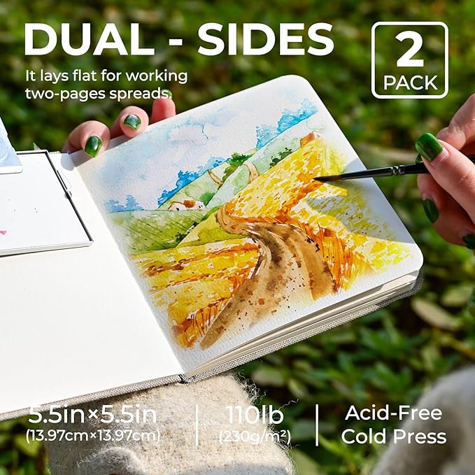 Funto Watercolor Journal, Square, 5.5x5.5, Portable 2-Pack, 48 Pages Each, Gray Cover, 110lb/230gsm, Art Supplies for Mixed Media