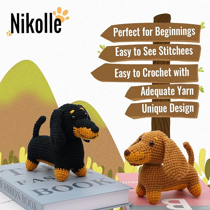 Nikolle Crochet Kit for Beginners with Step-by-Step Video Tutorials Crochet Animal Kit Crochet Starter Kits for Adults Kids - Dachshund(Black)