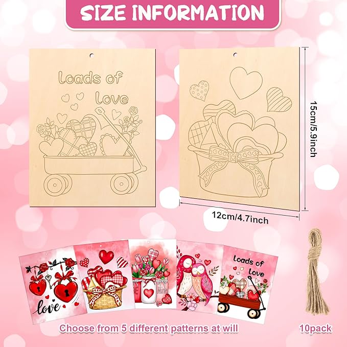 COCHIE 10 Pieces Large Valentines Day Unfinished Wood Crafts to Paint for Adults, Bulk Predrilled Wooden Ornaments for Painting, Heart Pattern Paintable Wood Slices Craft Supplies with Ropes