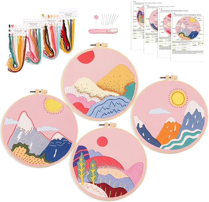 harimau 4pcs beginner embroidery kit,natural landscape pattern,cross stitch kits, including stamped embroidery cloth with 2 embroidery hoops, multicolor color threads for embroidery kits