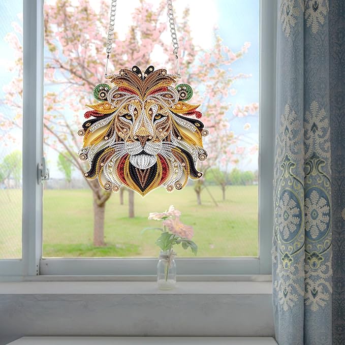 JZHYOAN Tiger Diamond Painting Arts Hanging Kit Diamond Art Window Pendants Home Garden Wall Hanging Kits Acrylic Ornaments Craft Kits Crystal Art Pendant Wind Chimes with Diamonds