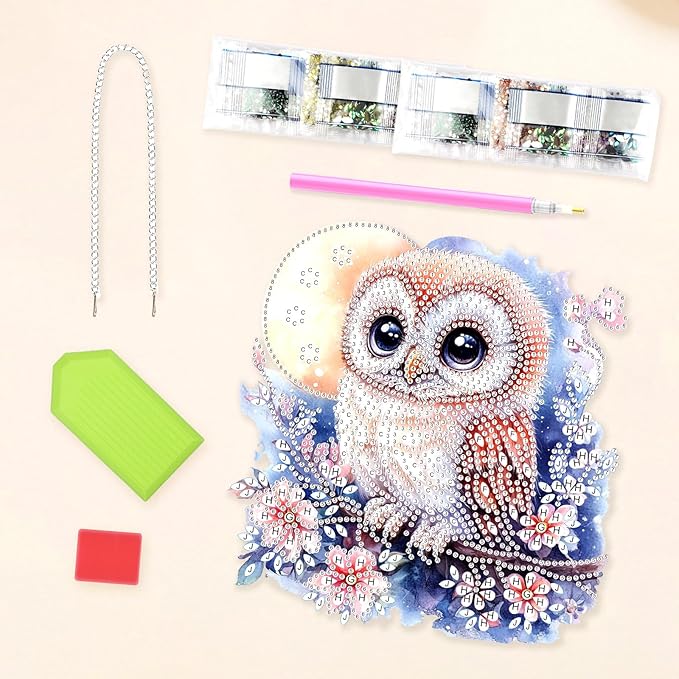 Lxmsja DIY Adorable Owl Diamond Painting Hanging Ornament, Double-Sided Acrylic Moon Flowers Diamond Art Kit, Special Shaped Suncatcher Hanging Pendant Window Art Kit 8x8 inch
