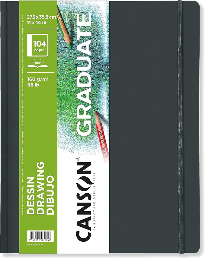 Canson Graduate Drawing Paper, Hard Cover Art Journal, 11x14 inches, 52 Sheets — Artist Paper for Pencil, Ink, Pen, Marker Illustration