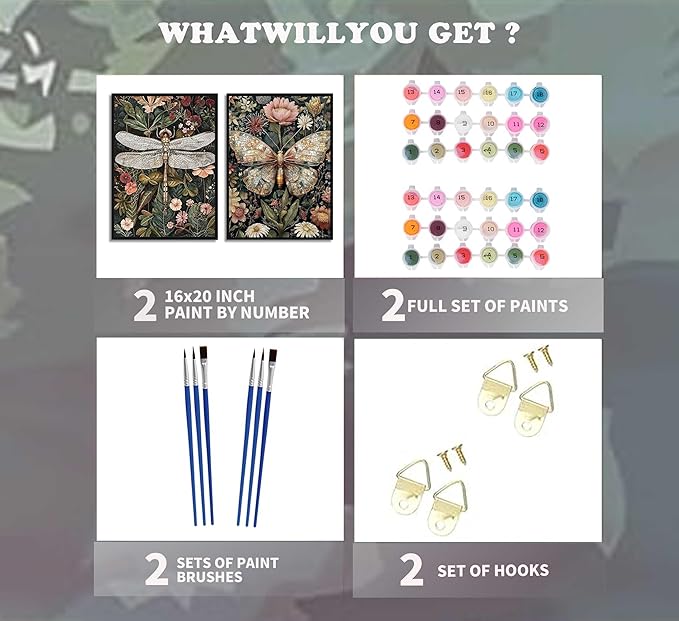 2 Pack Paint by Number Kit 16x20inch Dragonfly Butterfly Insect Art, DIY Painting Set with Floral Background, Intricate Nature Inspired Craft for Home Decor Gift