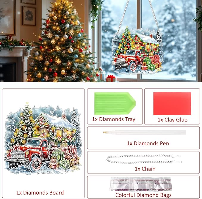 SENQAO Christmas Diamond Art Hanging Kits for Adults Kids, Truck Christmas Gifts Diamond Art Suncatchers, 5D Special Shape Diamond Painting Pendant Window Ornament Gifts for Home Door Wall Decor