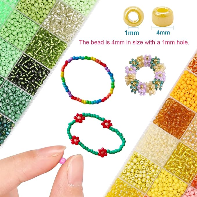 EuTengHao 28800pcs 4mm Multicolor Glass Seed Beads 6/0 for DIY Bracelet Necklaces Crafting Jewelry Making Supplies with Beading Needles Elastic Strings Tweezers (144 Colors, 200Pcs Per Color)