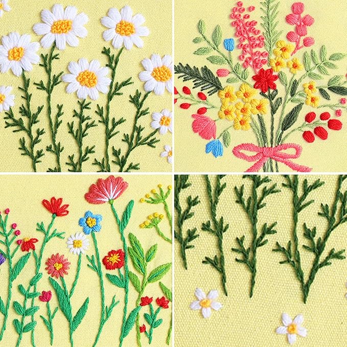Louise Maelys 3 Sets Flowers Embroidery Kits for Beginners,Cross Stitch Kit for Adults,Starters DIY Needlepoint Including Daisy Florals Bouquet Pattern,Hoop,Instruction and Threads