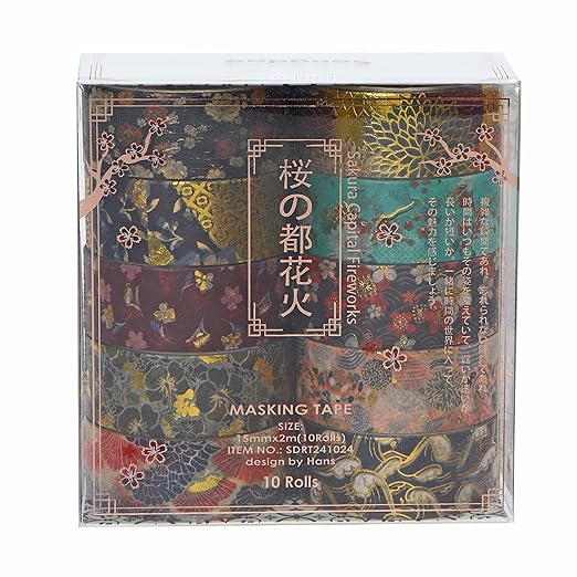 10 Rolls Sakura Washi Tape Set Japanese Arts Adhesive Tapes Gold Silver Foil Decorative Masking Tape Sets for Craft, Kids, Scrapbook, DIY, Gift Wrapping (Eternal Blossom)