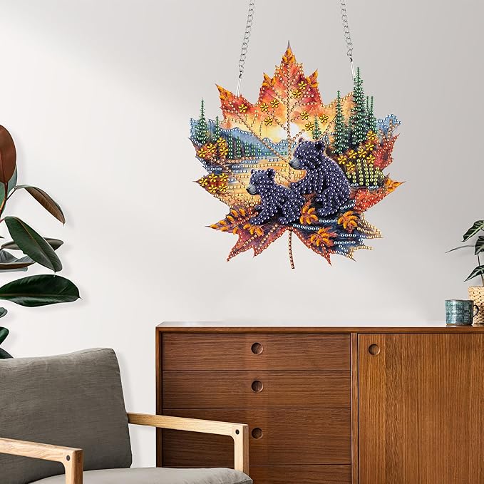 Reofrey Hanging Diamond Art Kits for Adults - 8x8 Inch Bear Acrylic Board Double Sided Pattern Diamond Art Suncatcher Pendant, DIY Crystal Art for Home Wall or Window Decoration Handmade Gift